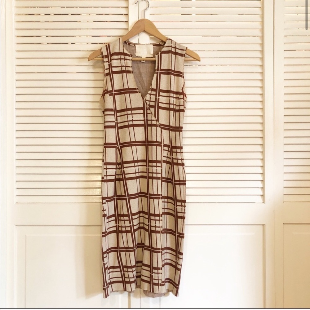 Burning Torch Beige and Brown Plaid Sleeveless Sheath Dress